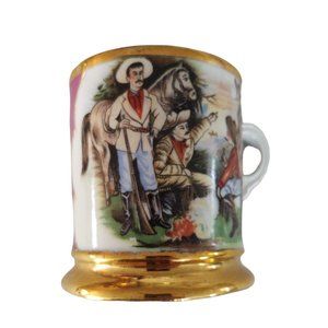 RARE Antique Victorian Cowboys Horses Campfire Gold Gilt Porcelain Shaving Mug